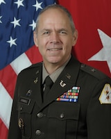 U.S. Army Brig. Gen. Gerald R. Krimbill, Commanding General, United States Army Reserve Legal Command, poses for a command portrait in an Army portrait studio.