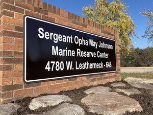 The Sgt. Opha May Johnson Marine Corps Reserve Center sign welcomes Marines to the newly renamed facility. The building was renamed during a ceremony honoring Sgt. Johnson, who was the first woman to enlist in the Marine Corps on Aug. 18, 1918, on Nov. 10 aboard Grissom Air Reserve Base, Indiana. (Image by GySgt Brian Knowles, USMCR)