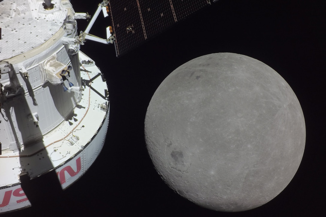 A rocket moving through space with the moon in the background.