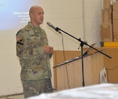 Col. Deon Maxwell, commander of the U.S. Army Medical Materiel Center-Europe, speaks to the workforce during a safety stand down event Nov. 18 at Kaiserslautern Army Depot, Germany.