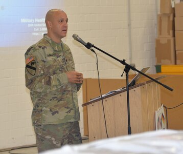 Col. Deon Maxwell, commander of the U.S. Army Medical Materiel Center-Europe, speaks to the workforce during a safety stand down event Nov. 18 at Kaiserslautern Army Depot, Germany.