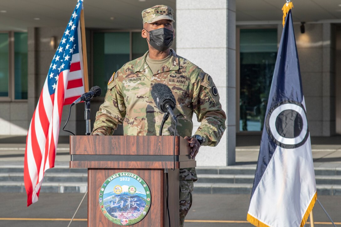 Lt. Gen. Xavier Brunson, commanding general of America’s First Corps, offers remarks at the Yama Sakura 83 press conference at Camp Asaka, Japan, Dec. 12, 2022. The Yama Sakura training event encourages participants to work as dedicated partners in support of the US-Japan security alliance and for the continued peace and stability in the Indo-Pacific region. (U.S. Army photo by Spc. Richard Carlisi)