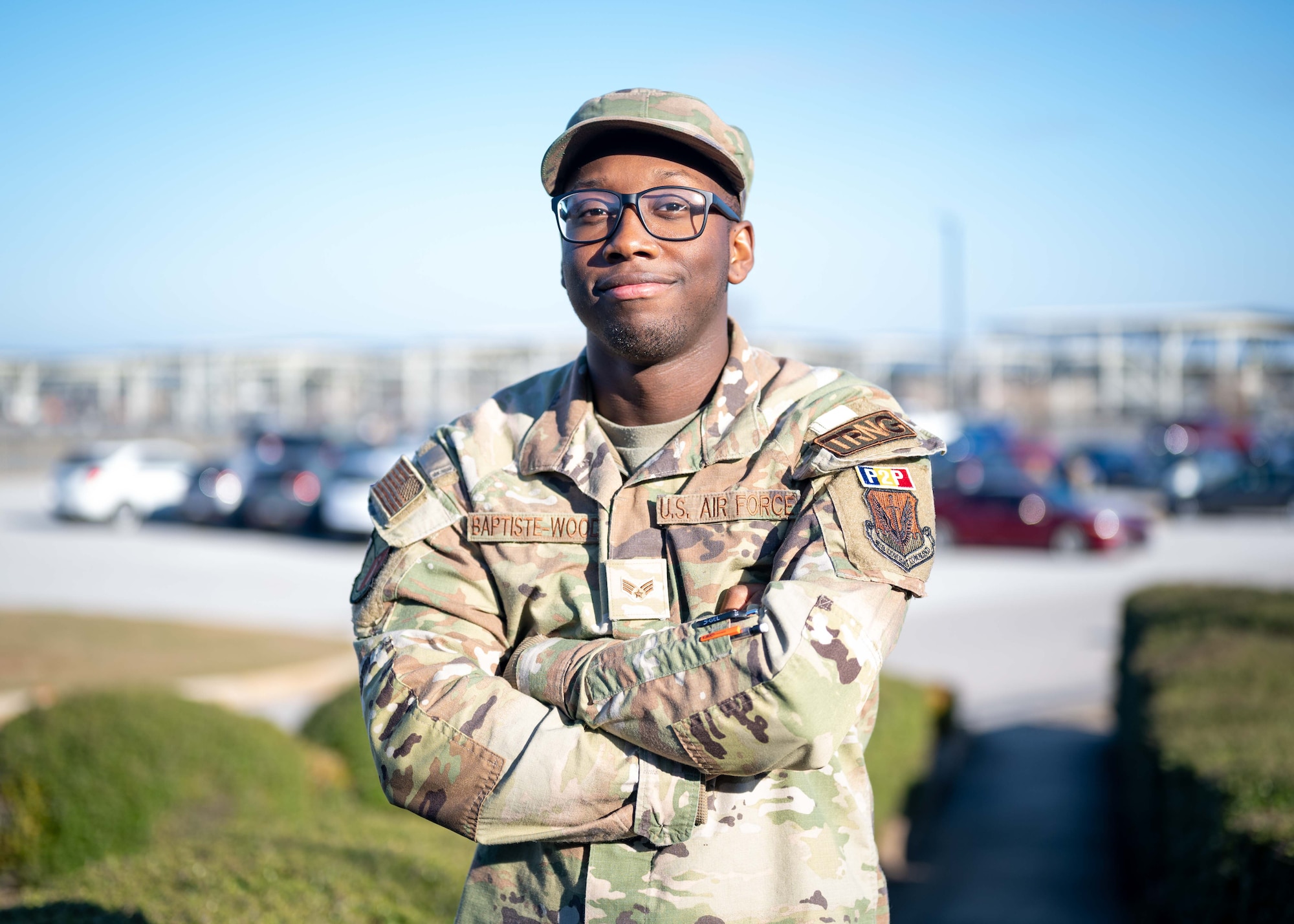U.S. Air Force Senior Airman Damani Baptiste-Wood, 20th Equipment Maintenance Squadron unit training manager, poses for a photo.