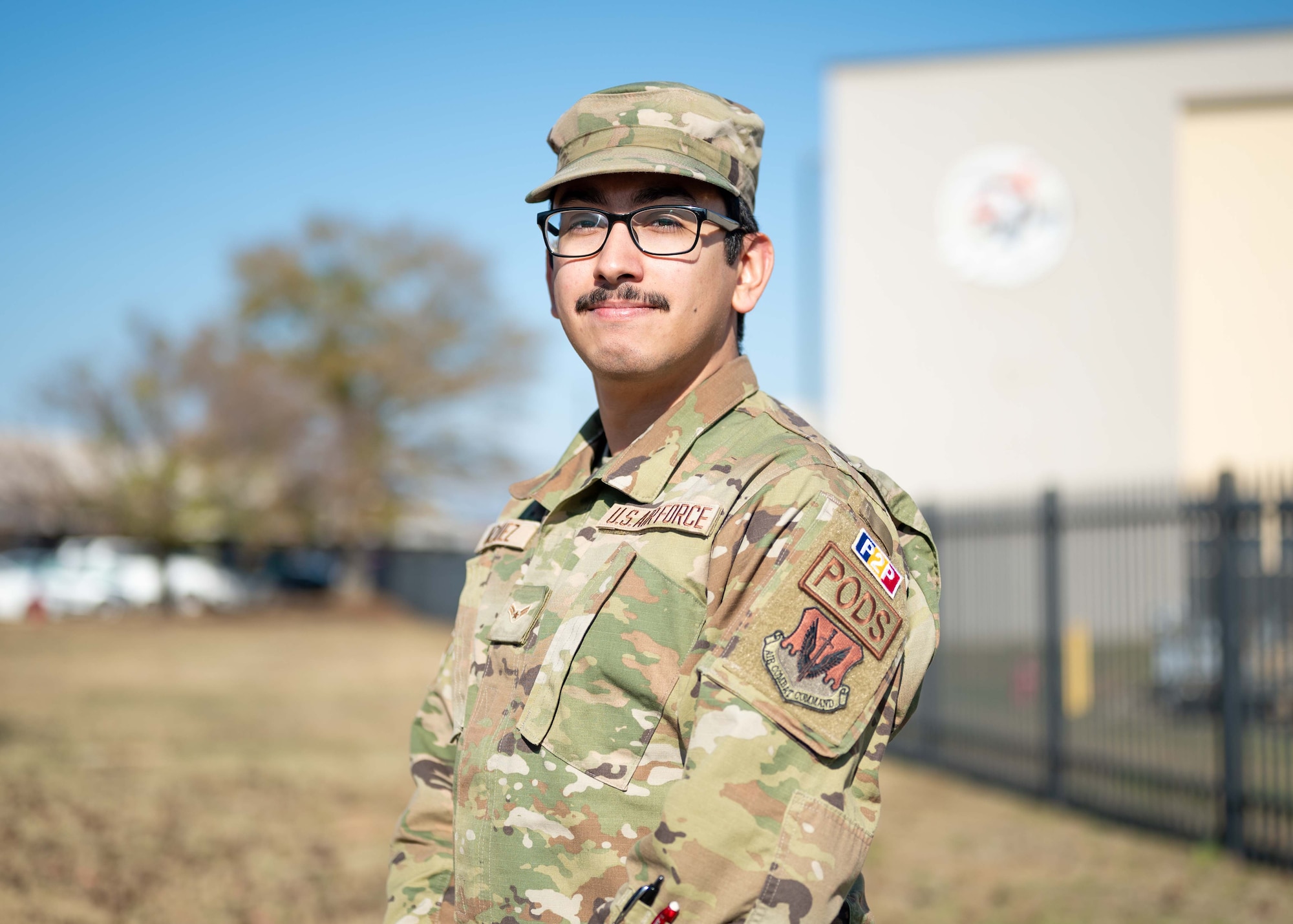 U.S. Air Force Airman 1st Class Michael Vasquez, 20th Component Maintenance Squadron electronic warfare systems specialist, poses for a photo.