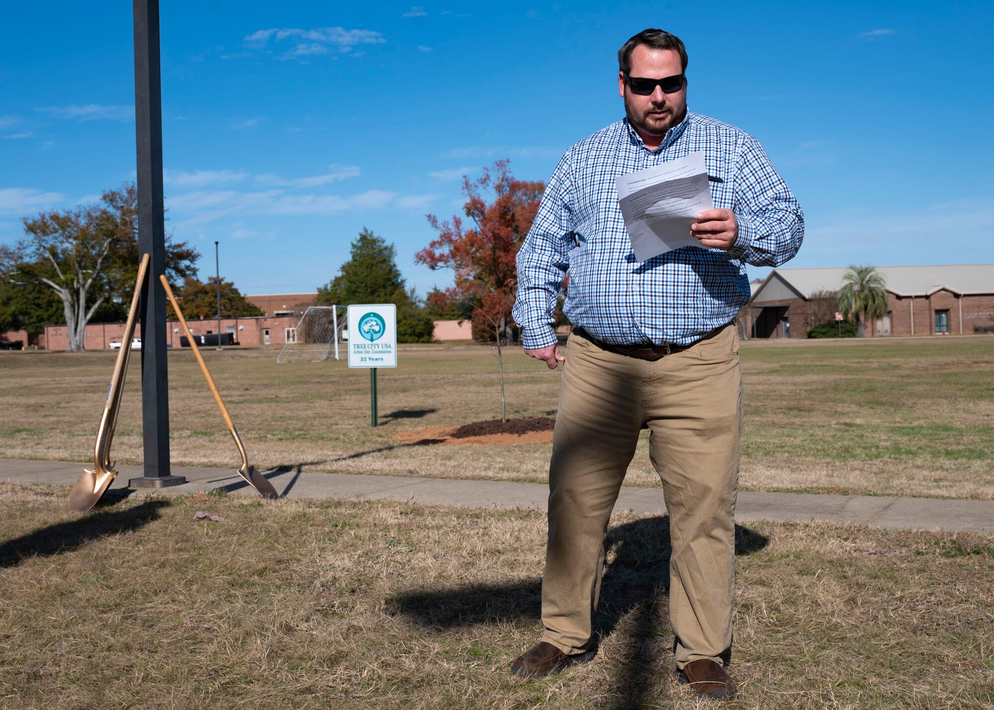 20th Fighter Wing base forester gives opening speech at Arbor Day ceremony