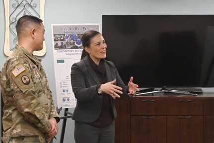 Under Secretary of the Air Force Gina Ortiz Jones speaks to base leadership.