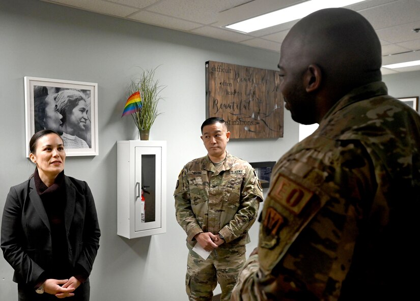 Under Secretary of the Air Force Gina Ortiz Jones speaks to an Airman.