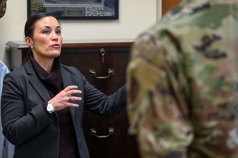 Under Secretary of the Air Force Gina Ortiz Jones talks to base leadership.