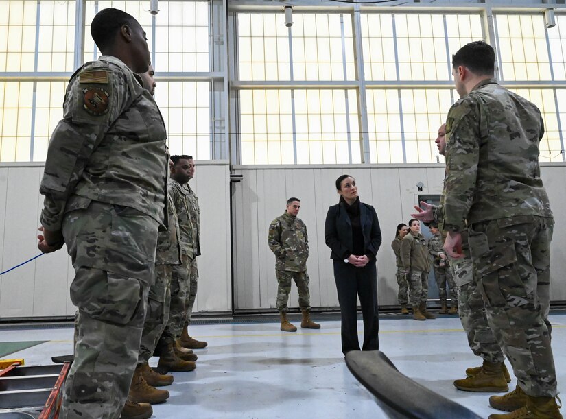 Under Secretary of the Air Force Gina Ortiz Jones talks to 1st Fighter Wing Airmen.