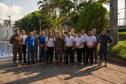 New Hampshire National Guardsmen and the Salvadoran cybersecurity team participate in a cyber exchange Dec. 7, 2022, at the computerized tactical training center in San Salvador.