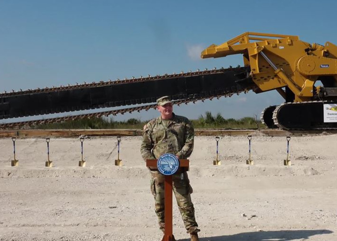 U.S. Army Corps of Engineers, Jacksonville District, Deputy District Commander Lt. Col. Todd Polk gives remarks at the groundbreaking ceremony for the Central Everglades Planning Project (CEPP) New Water Seepage Barrier Wall Project, in South Florida Dec, 15, 2022.  (SFWMD photo)