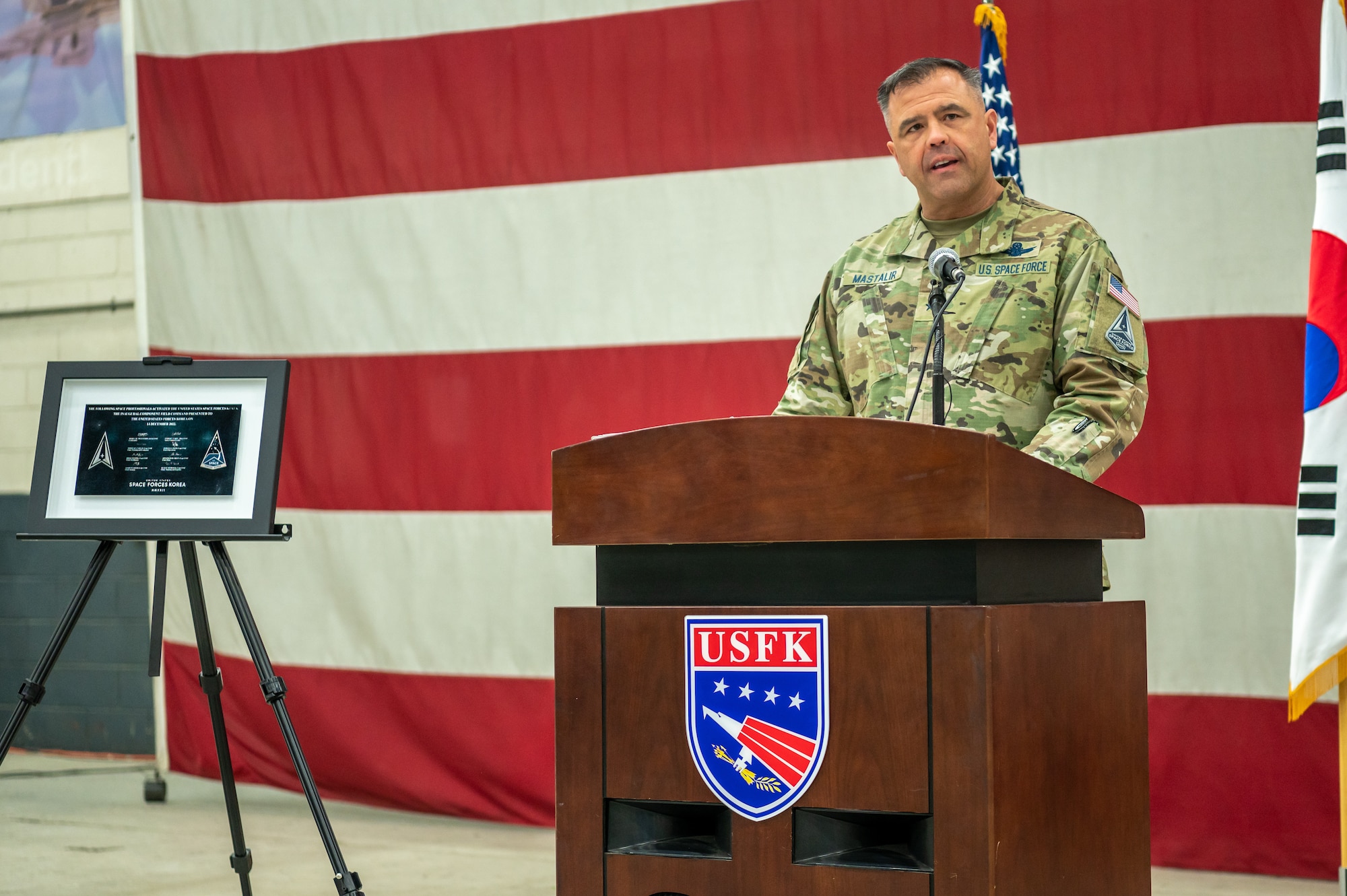 U.S. Space Force Brig. Gen. Anthony Mastalir, U.S. Space Forces Indo-Pacific Command commander, delivers opening remarks during an activation ceremony for the U.S. Space Forces Korea at Osan Air Base, Republic of Korea, Dec. 14, 2022.