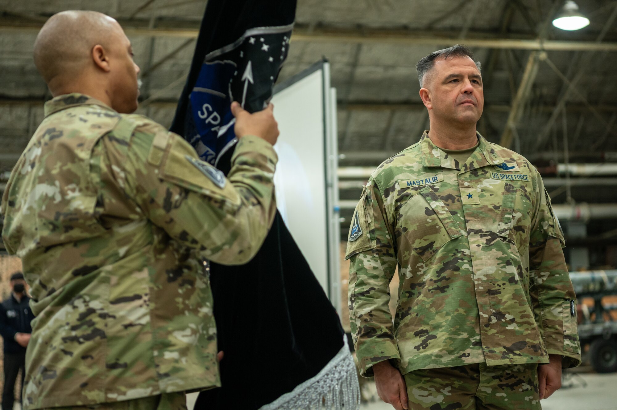 U.S. Space Force Brig. Gen. Anthony Mastalir, U.S. Space Forces Indo-Pacific Command commander, stands at attention waiting to receive the newly activated U.S. Space Forces Korea’s guidon during an activation ceremony for the U.S. Space Forces Korea at Osan Air Base, Republic of Korea, Dec. 14, 2022.