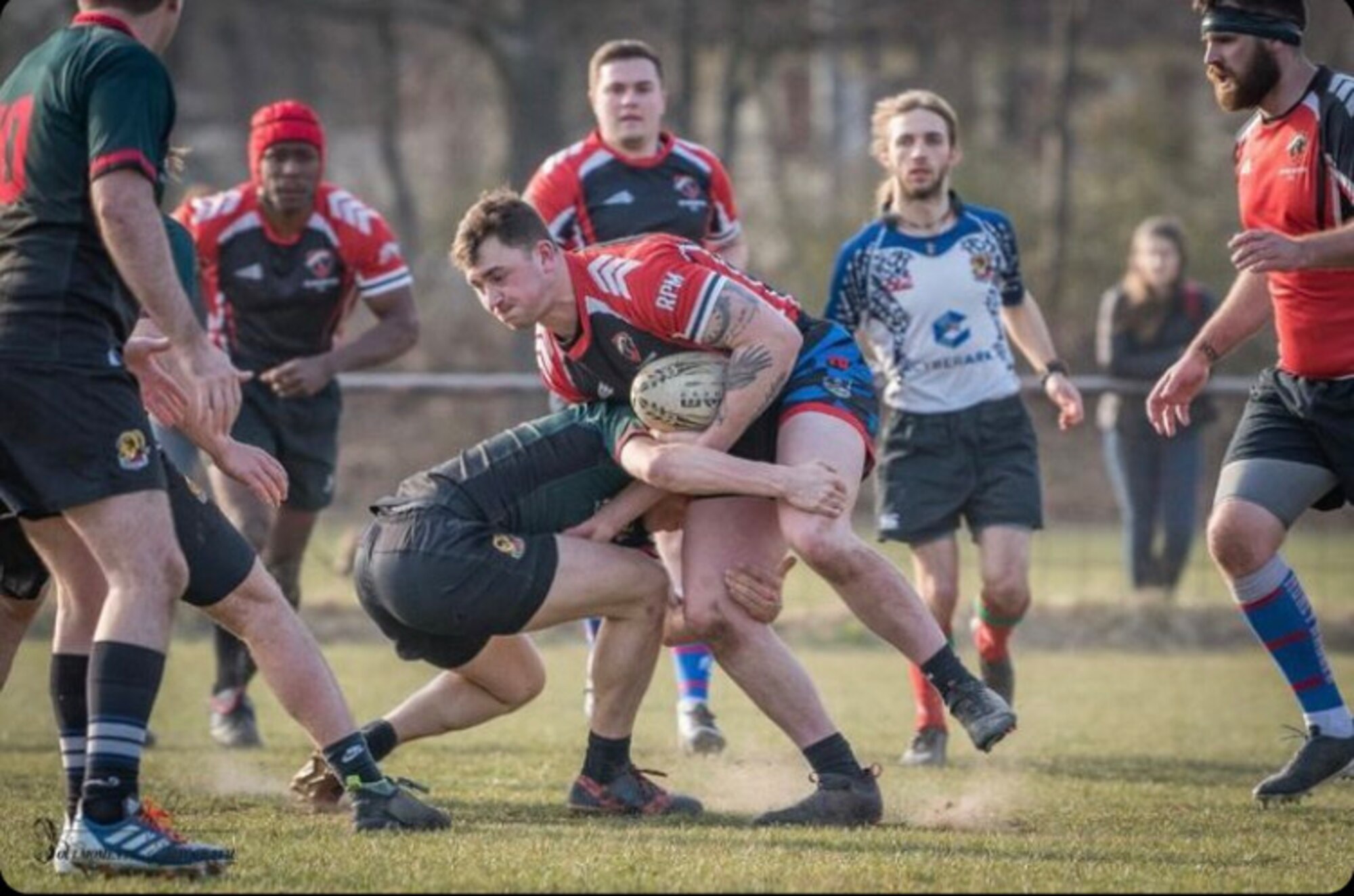 U.S. Air Force Airman 1st Class Tyler Benner, 86th Vehicle Readiness Squadron vehicle operator, plays rugby at Karlsruhe, Germany, March 12th, 2022. Benner has a passion for playing rugby and aspires to play on the Air Force team one day. After surviving a rare medical condition, Benner has a newfound motivation to make his dreams a reality. (Courtesy Photo)