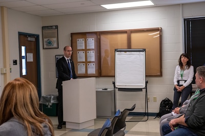 Itai Biran, the Consul for Political and Commercial Affairs at the Consulate General of Israel to the Midwest in Chicago, welcomes members of the Illinois National Guard to the course at Camp Lincoln, Springfield. Biran talked about the importance of destigmatizing mental health issues.