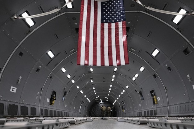 Flag hangs in hangar