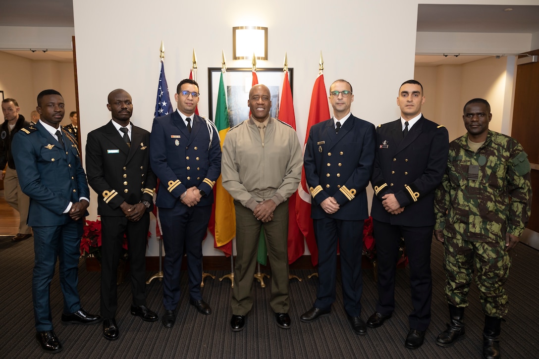 Gen. Michael Langley, commander, U.S. Africa Command, meets with International Military Education and Training partners during a speaking engagement at MCB Quantico, Va., Dec. 12, 2022. Gen. Langley met with six IMET students during the engagement and highlighted the relationship between the United States and allied nations for a collective effort in promoting regional security and stability in Africa.