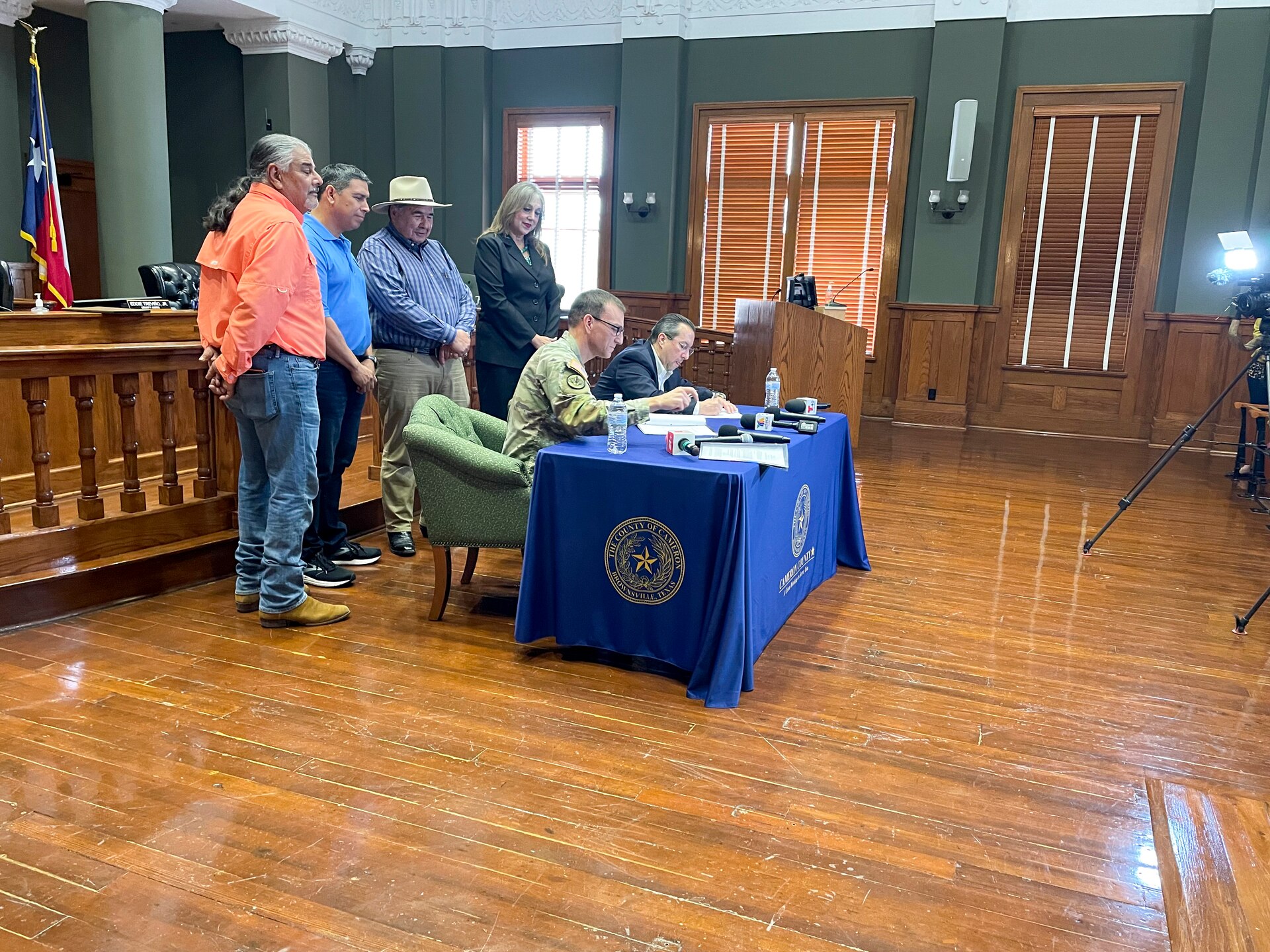 U.S. Army Corps of Engineers (USACE) Galveston District Commander Col. Rhett A. Blackmon, Cameron County Judge Eddie Trevino, Hidalgo County Commissioners Ellie Torres and David Fuentes, Cameron County Commissioner David Garza, and Willacy County Commissioner Eddy Gonzales, convened at the Cameron County Courthouse to sign the Lower Rio Grande Valley (LGRV) Watershed Assessment Feasibility Cost Share Agreement, December 12.

The assessment establishes a partnership and shared vision in future flood mitigation efforts for the region.

The assessment will provide comprehensive and strategic evaluations and analyses including a variety of political, geographic, physical, institutional, and technical considerations in future projects to address the flooding issues in the LRGV area. The cost share agreement caps the study at $3 million with 75% of the cost incurred by the federal government and the remaining 25% covered by the non-federal entities.