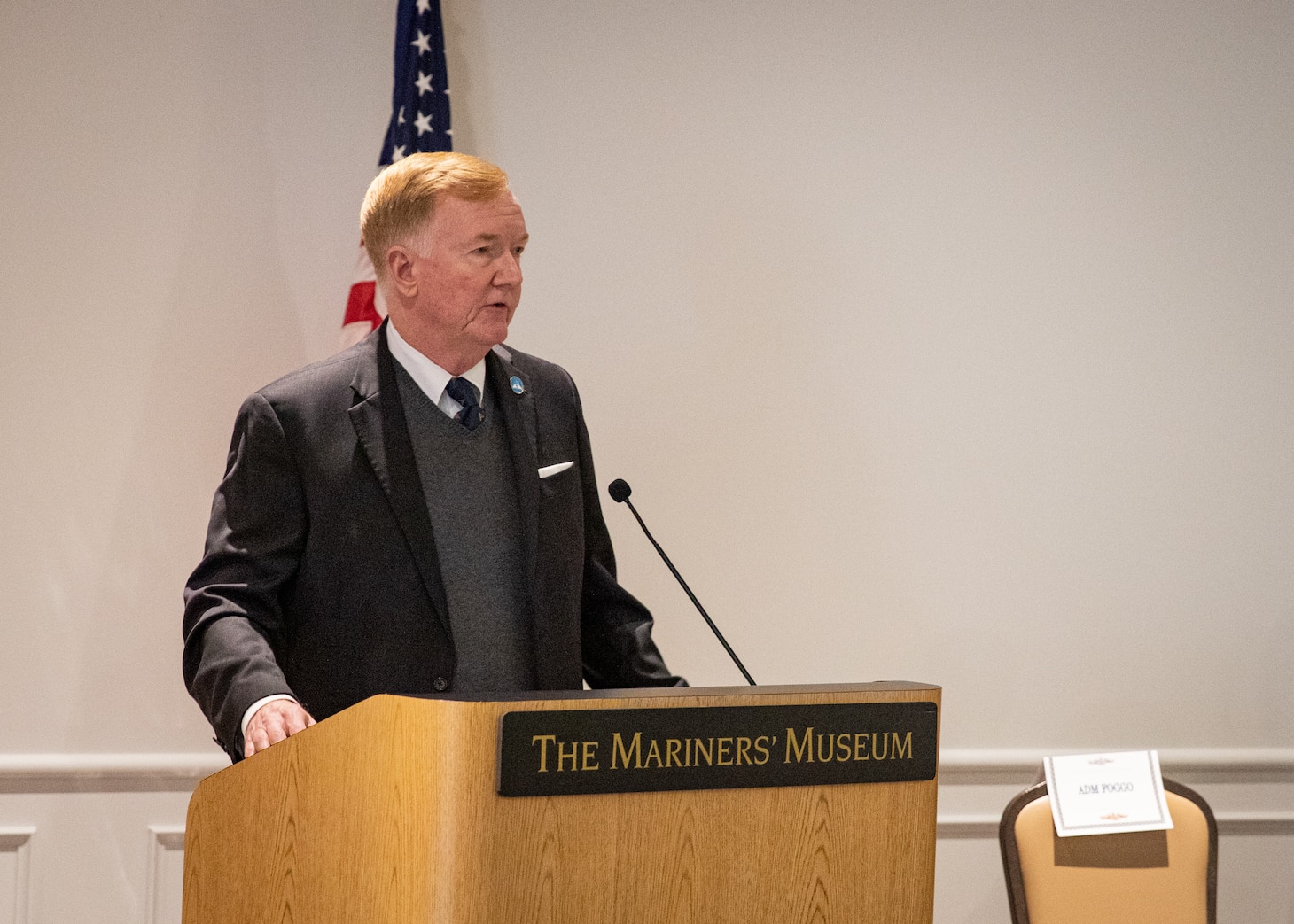 Retired Adm. James Foggo and guest speaker gives remarks during a change of command ceremony for the Los Angeles-class fast attack submarine USS Columbus (SSN 762) at Mariners’ Museum and Park in Newport News, Va., Dec. 14.