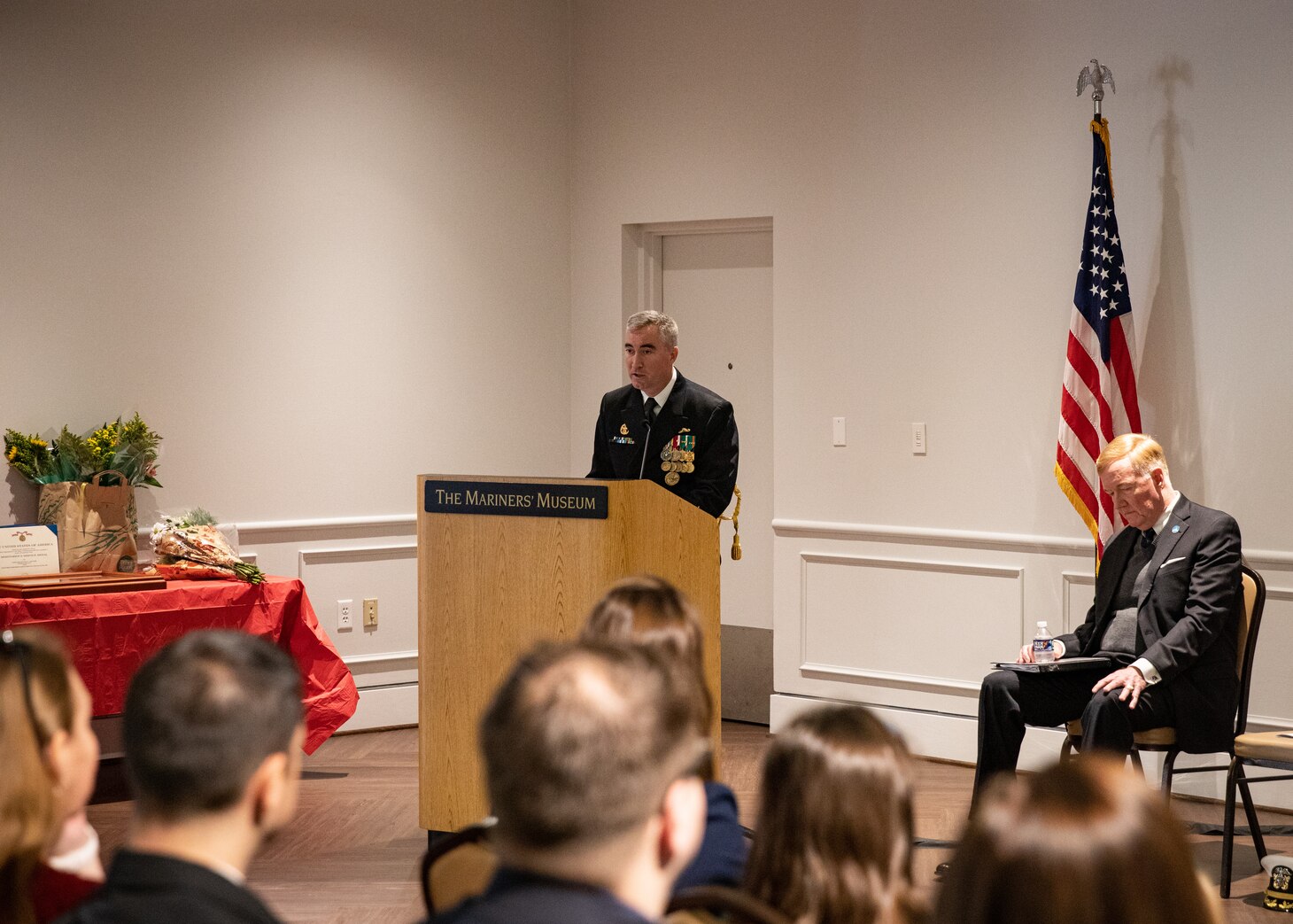 Capt. Brian Hogan, commodore, Submarine Squadron Eight, delivers remarks during a change of command ceremony for the Los Angeles-class fast attack submarine USS Columbus (SSN 762) at Mariners’ Museum and Park in Newport News, Va., Dec. 14.