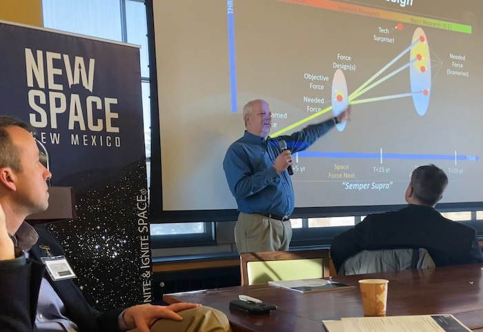 Dr. Joel Mozer, director for Science, Technology and Research for the U.S. Space Force, discusses the future of space at the 2022 Space Futures Workshop in Boulder, Colorado, Nov. 29, 2022. Seventy individuals from the space ecosystem including Air Force Research Laboratory representatives gathered to examine future technologies and forge a path towards ensuring the U.S. maintains its advantage in the space domain. (Courtesy photo)