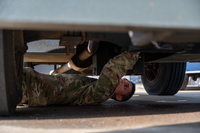 Airman 1st Class Justin Nystrom, 45th Logistics Readiness Squadron fleet management analysis technician, performs a vehicle assessment at Patrick Space Force Base, Fla., Nov. 30, 2022. Nystrom provided medical aid to a citizen involved in a car crash on Sep. 5, 2022. (U.S. Space Force photo by Senior Airman Thomas Sjoberg)