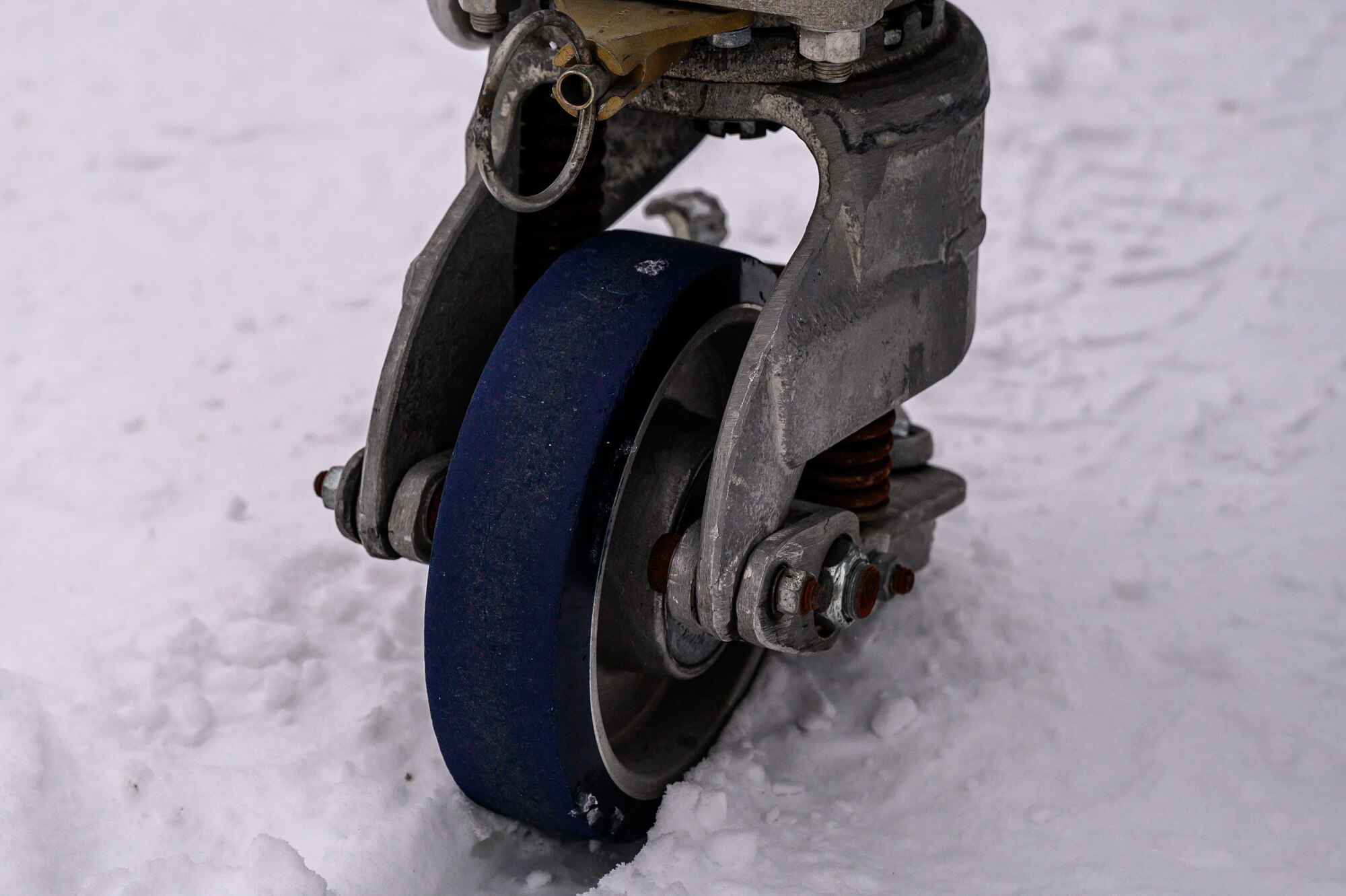 An F-35A Lightning II canopy transport trailer in standard configuration sits parked in the snow on Eielson Air Force Base, Alaska, Nov. 30, 2022.