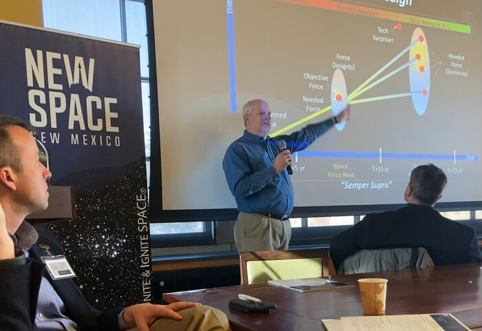 Dr. Joel Mozer, director for Science, Technology and Research for the U.S. Space Force, discusses the future of space at the 2022 Space Futures Workshop in Boulder, Colorado, Nov. 29, 2022. Seventy individuals from the space ecosystem including Air Force Research Laboratory representatives gathered to examine future technologies and forge a path towards ensuring the U.S. maintains its advantage in the space domain. (Courtesy photo)