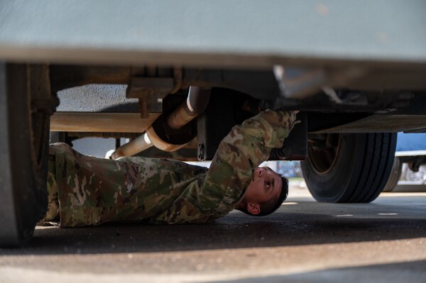 Airman 1st Class Justin Nystrom, 45th Logistics Readiness Squadron fleet management analysis technician, performs a vehicle assessment at Patrick Space Force Base, Fla., Nov. 30, 2022. Nystrom provided medical aid to a citizen involved in a car crash on Sep. 5, 2022. (U.S. Space Force photo by Senior Airman Thomas Sjoberg)