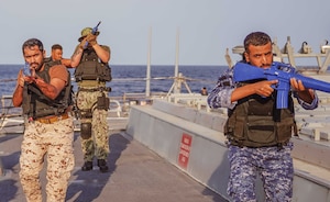 GULF OF OMAN (Dec. 8, 2022) A multinational boarding team, consisting of members from navies and coast guards for the United States and Middle Eastern nations including Bahrain, rehearses vessel boarding procedures aboard guided-missile destroyer USS The Sullivans (DDG 68) in the Gulf of Oman, Dec. 8. U.S. 5th Fleet conducted a two-week multinational vessel boarding integration event with regional partners to deepen maritime security cooperation.