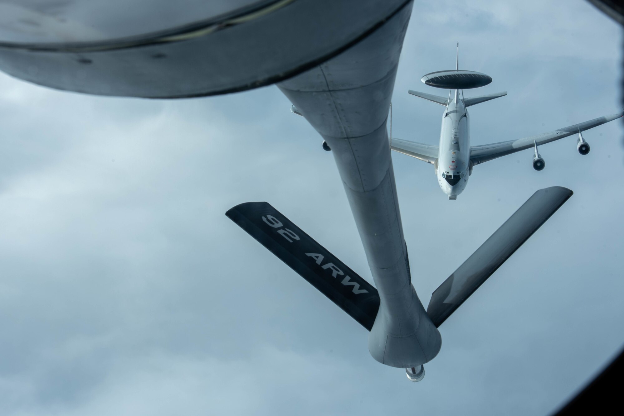 NATO aircraft moves into position to be refueled by a KC-135 aircraft.
