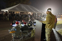 Maj. Gen. Michel M. Russell Sr. speaks to attendees at the holiday tree lighting