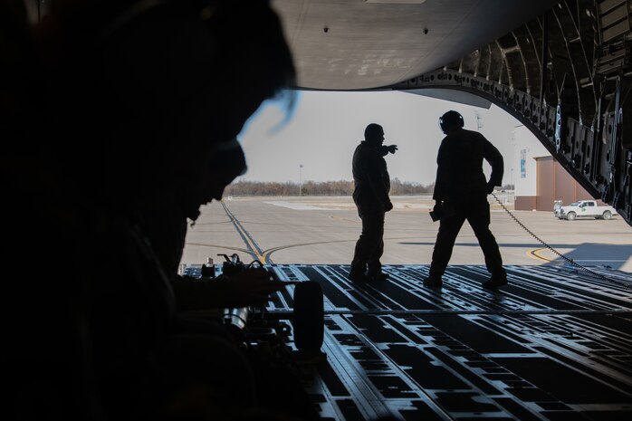 Airmen assigned to the 437th Airlift Wing taxi a C-17 Globemaster III