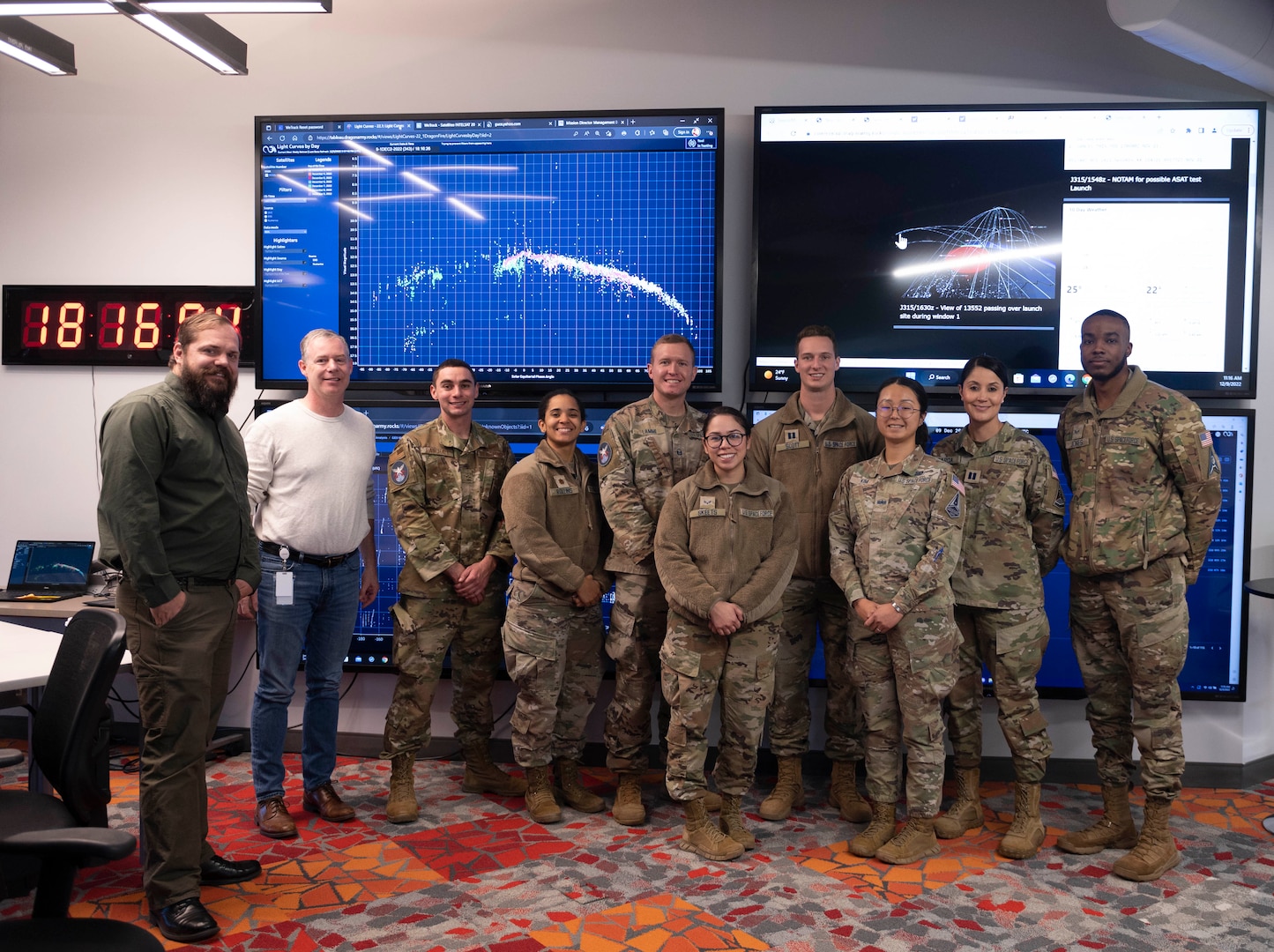 Military members in uniform pose for a group photo