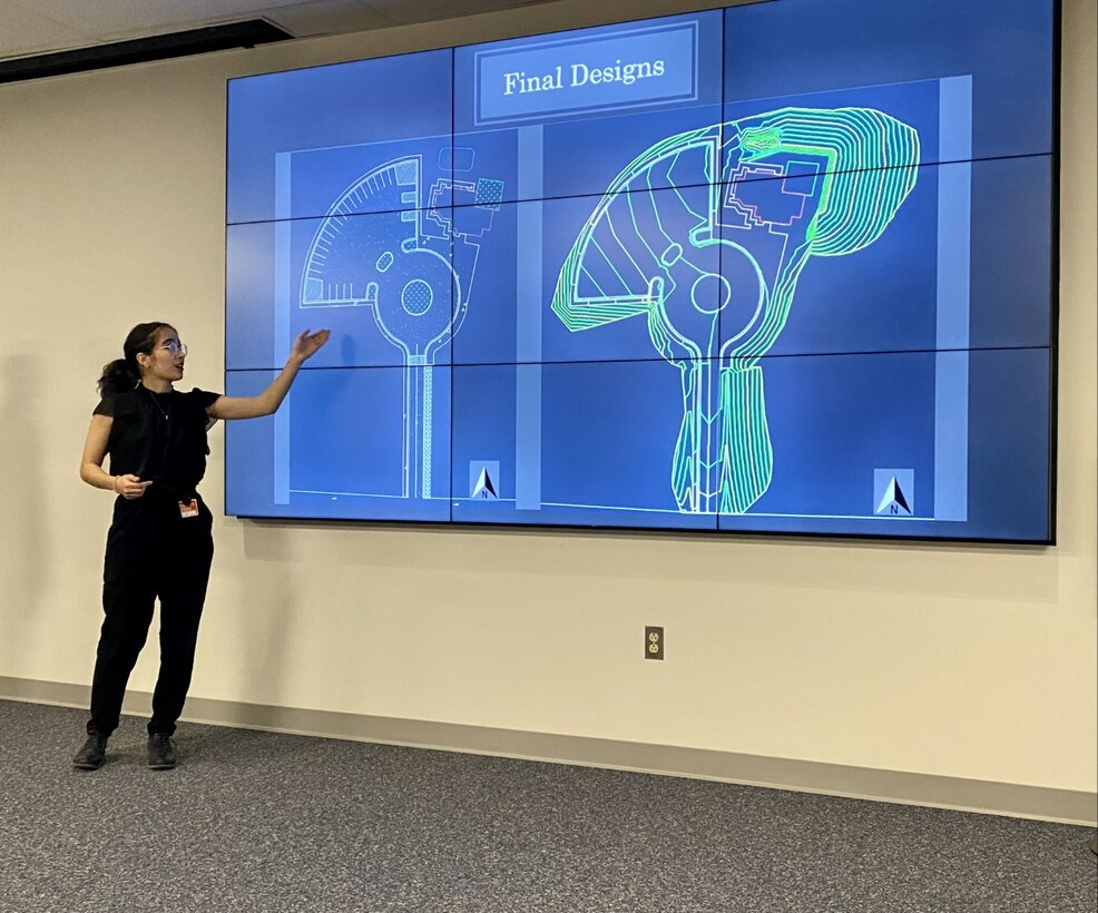 Juliette Schaefer, a senior at John Handley High School in Winchester, Va., presents the final project as part of an internship with the U.S. Army Corps of Engineers Transatlantic Middle East District. Each year, the District hosts several high school interns during the fall and spring semesters to foster an interest in engineering and architecture career fields.