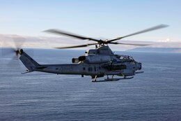 U.S. Marines with Marine Light Attack Helicopter Squadron 369, Marine Aircraft Group 39, 3rd Marine Aircraft Wing (MAW), fly an AH-1Z Viper during exercise Steel Knight 23, over the Pacific Ocean