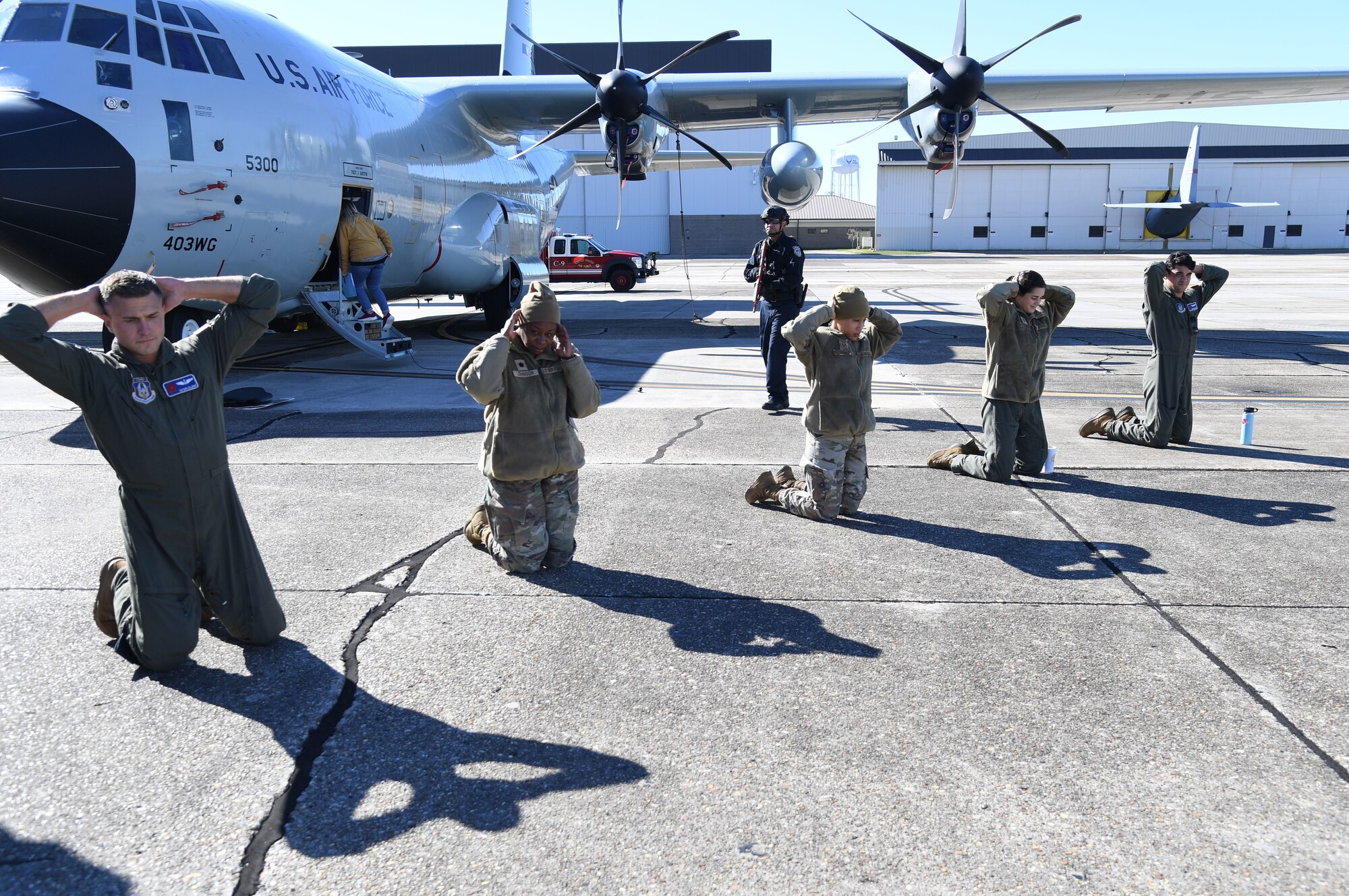 Maurice Mathis, 81st Security Forces Squadron patrolman, provides security during a hijacking exercise at Keesler Air Force Base, Mississippi, Dec. 15, 2022.
