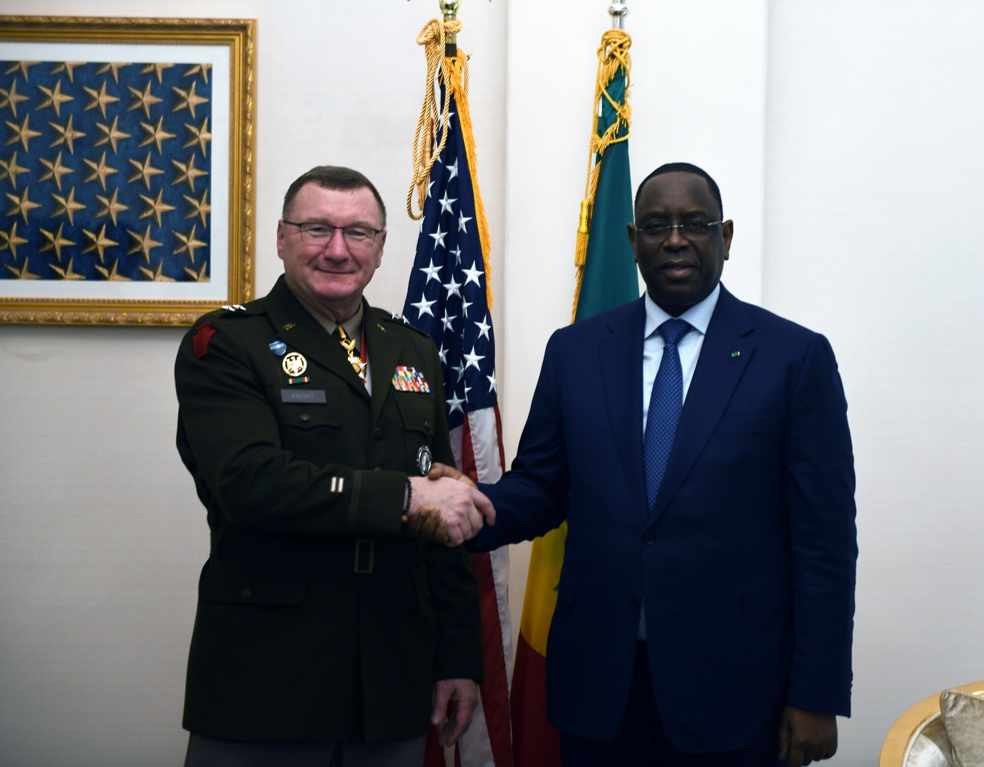 President Macky Sall of the Republic of Senegal hosts Army Maj. Gen. Greg Knight, adjutant general, Vermont National Guard, Washington, D.C., Dec. 12, 2022. Senegal and Vermont are partnered in the Department of Defense National Guard State Partnership Program.