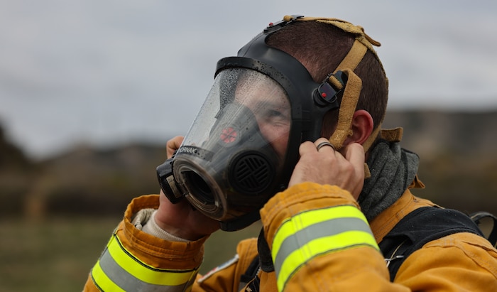 Derrick Pursglove, a firefighter with Camp Pendleton Fire Department, Marine Corps Base Camp Pendleton, participates in a Chemical, Biological, Radiological, Nuclear training event on Marine Corps Base Camp Pendleton, California, Dec. 06, 2022. The CBRN training was conducted in order to strengthen interoperability between Camp Pendleton first responders. Pursglove is a native of San Diego, California.