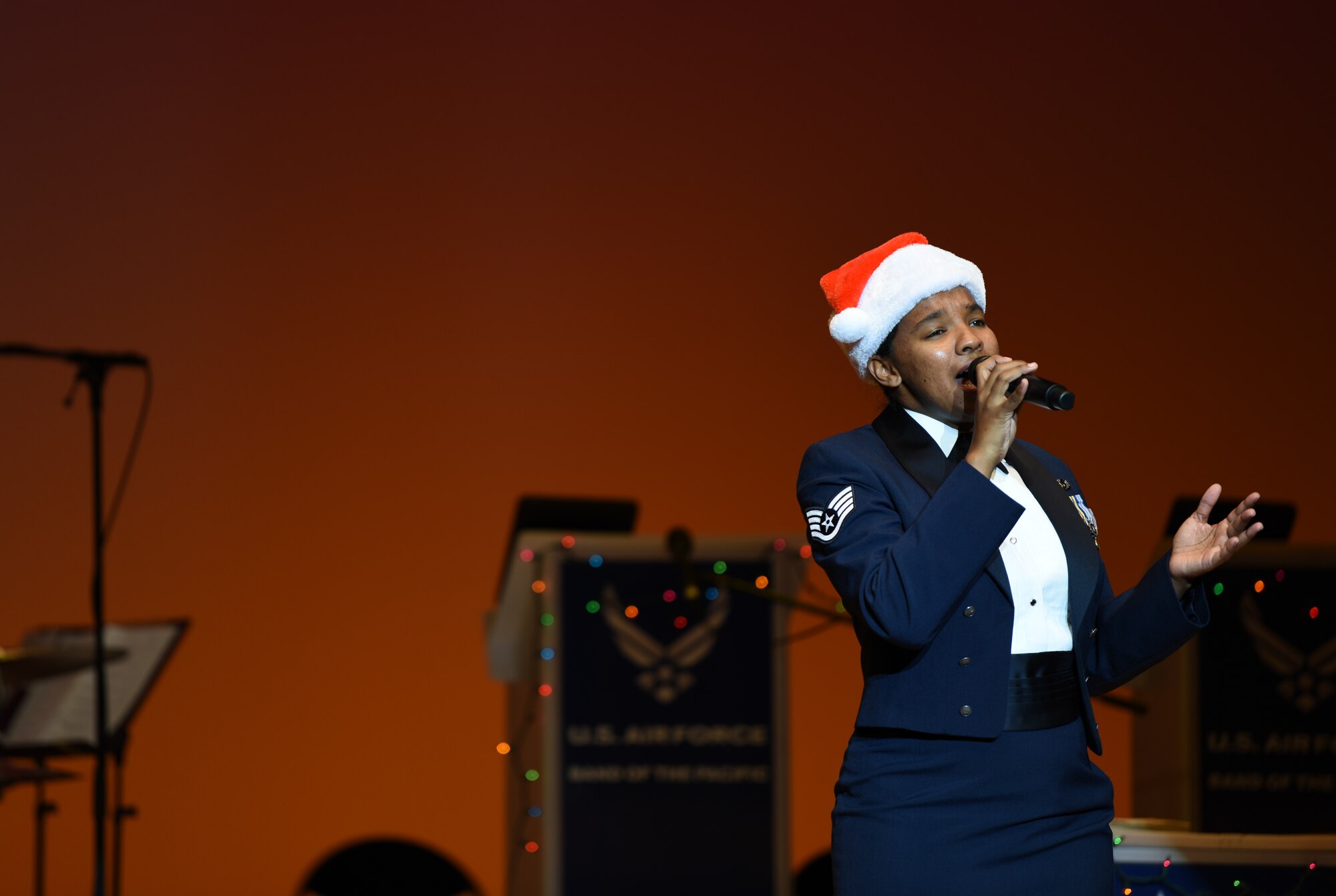 A vocalist performs during a concert