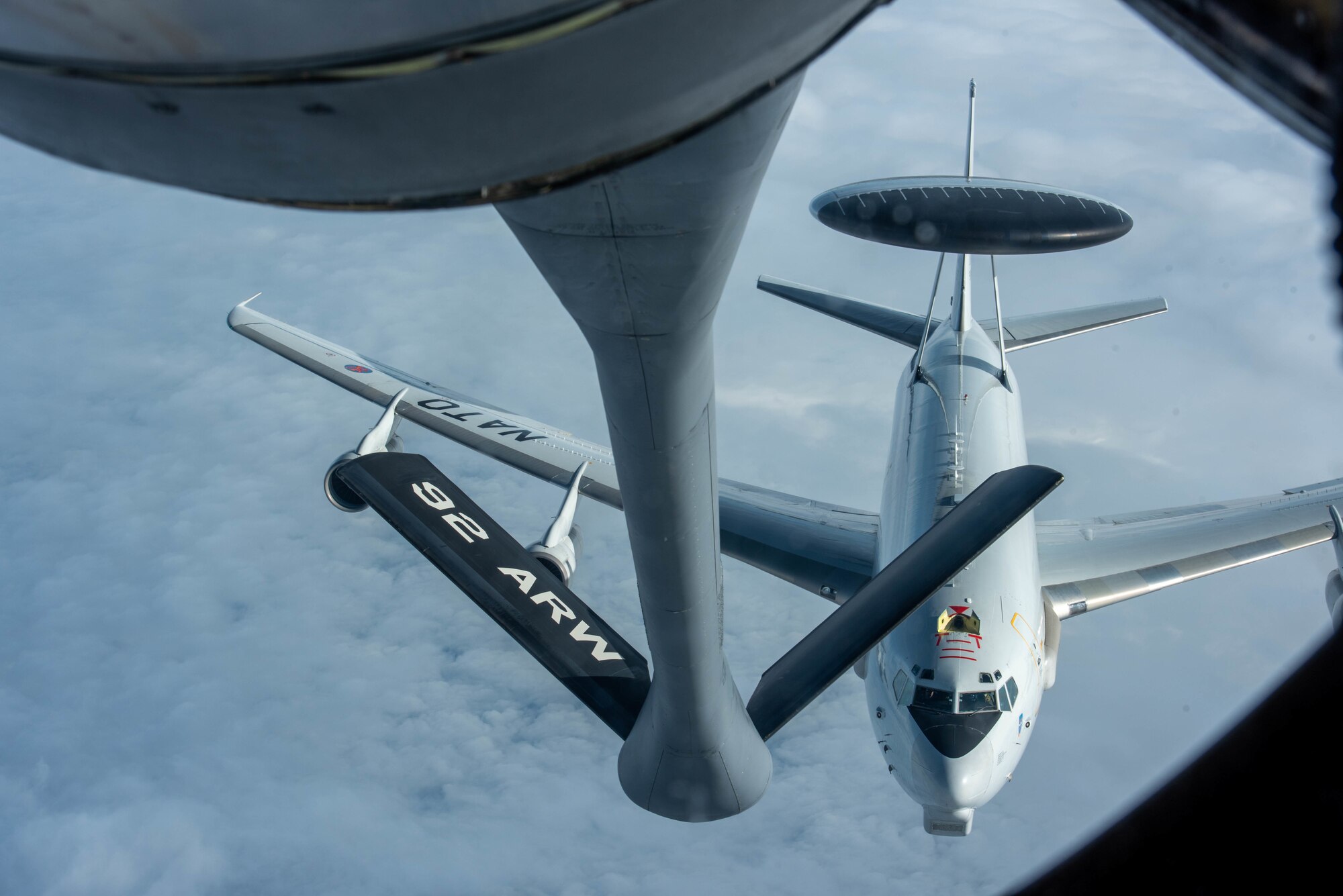 An aircraft prepares for a refueling.