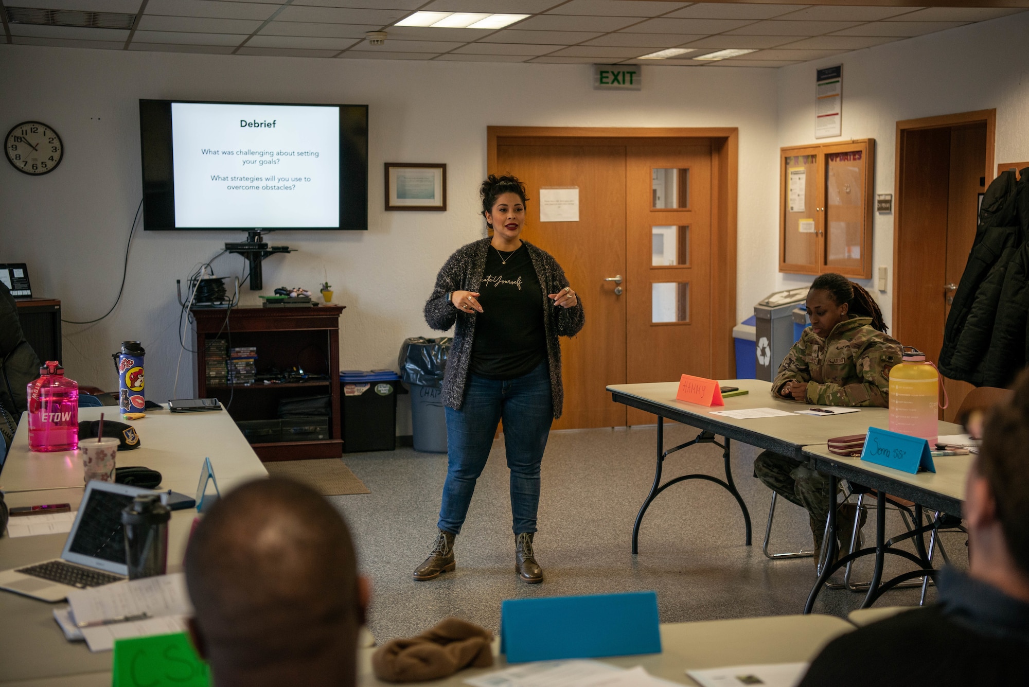 Instructor leads class in exercise