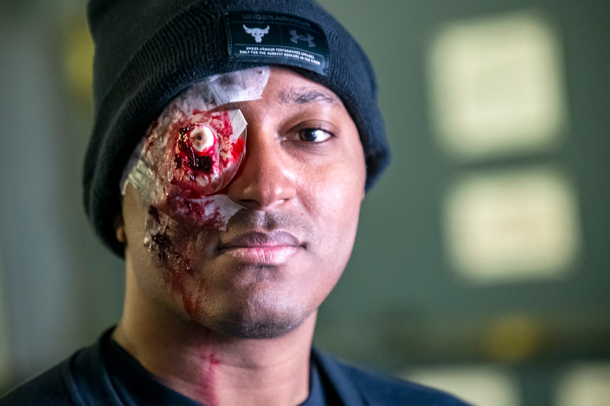 A simulated victim waits prior to an active shooter exercise at RAF Molesworth, England, Dec. 16, 2022. The 423d Medical and Security Forces Squadrons conducted the exercise to evaluate their overall readiness and response capabilities to an emergency situation. (U.S. Air Force photo by Staff Sgt. Eugene Oliver)