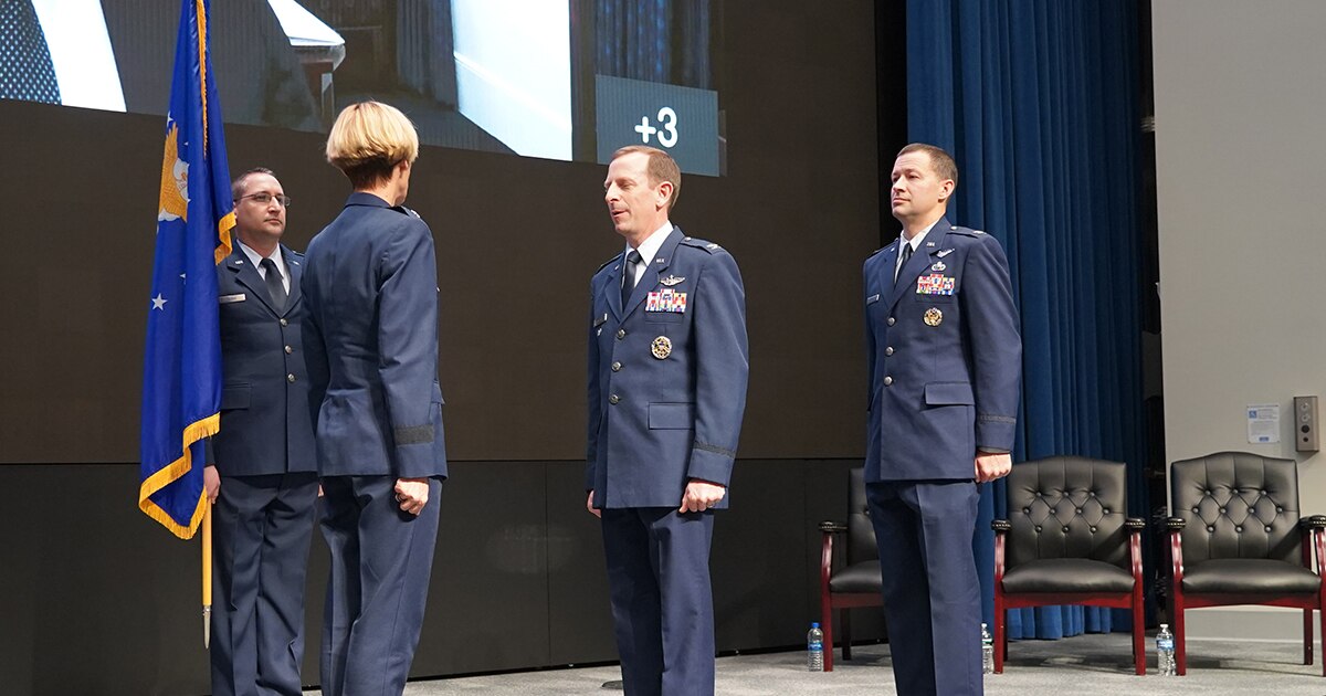 Air Force Research Laboratory, or AFRL, Commander Maj. Gen. Heather Pringle, left, participates in a change of leadership ceremony with Col. Nathan Diller, center, and Col. Elliott Leigh, right, Dec. 15, 2022, at the Air Force Institute of Technology, Wright-Patterson Air Force Base, Ohio. Leigh assumed the role of AFWERX director from Diller. AFWERX is an AFRL directorate and the Department of the Air Force’s innovation arm. (U.S. Air Force photo / Michael Madero)