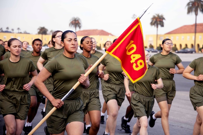 New U.S. Marines with Charlie Company, 1st Recruit Training Battalion, participate in a motivational run at Marine Corps Recruit Depot (MCRD) San Diego, Dec. 15, 2022