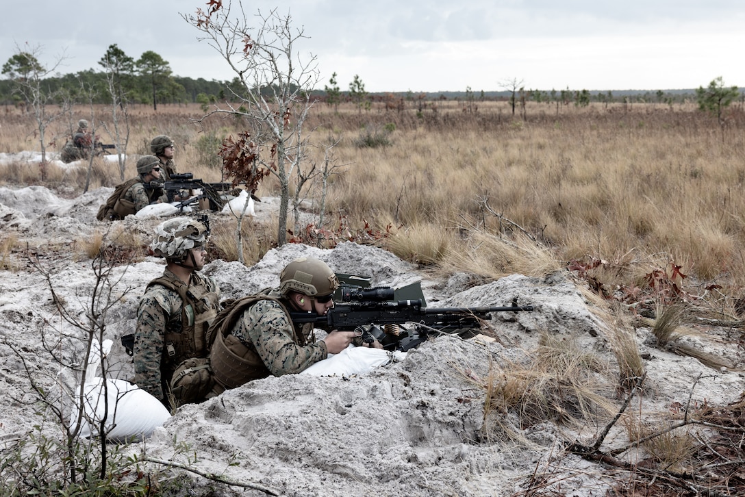 U.S. Marines with 2nd Marine Regiment, 2nd Marine Division, fire an M240B machine gun during a regimental field exercise on Camp Lejeune, North Carolina, Nov. 30, 2022. Marines conducted the FEX to enhance combat capabilities while maintaining operational readiness throughout the regiment.
