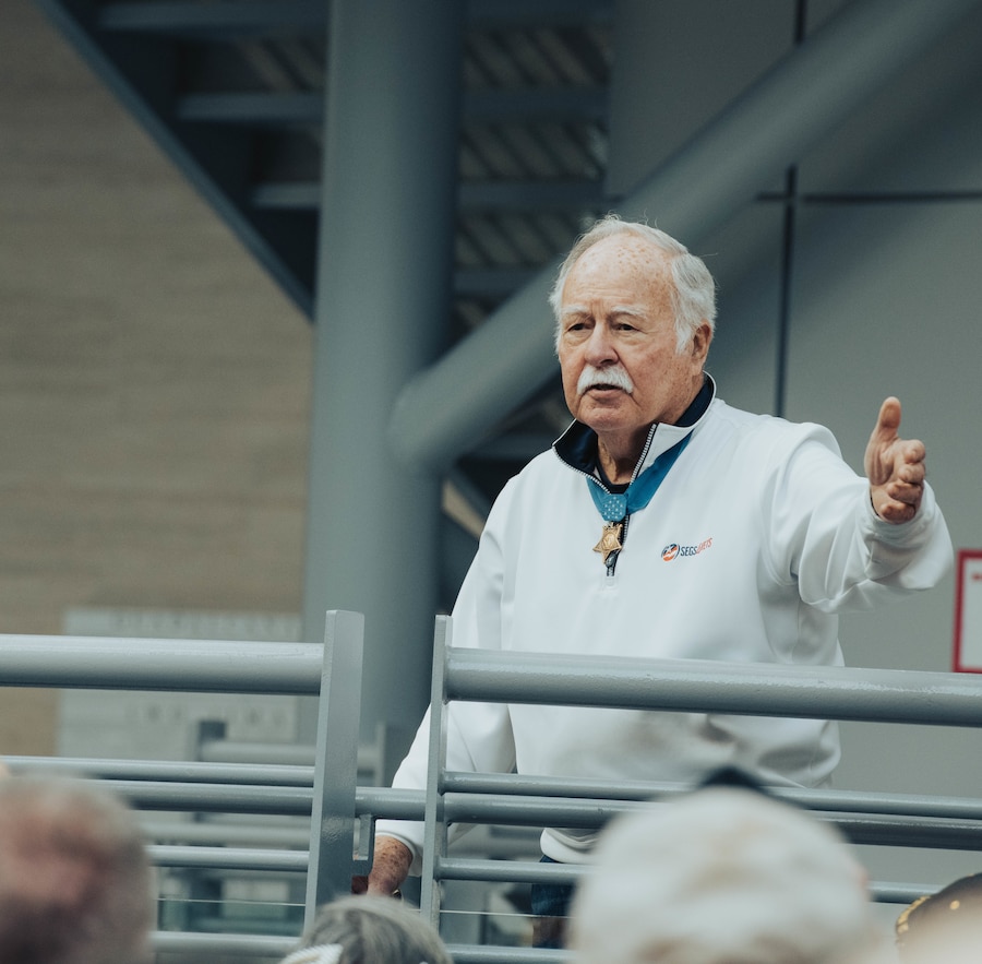Medal of Honor Recipient, Harvey “Barney” Barnum, addresses the Vietnam Honor Flight at the National Museum of the Marine Corps, Virginia, April 23, 2022. The event was held to show respect and remembrance to the veterans for their service and sacrifice as well as give them a tour of the Museum.