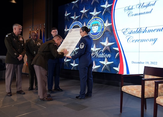 The Cyber National Mission Force officially became the Department of Defense’s newest subordinate unified command during a ceremony at U.S. Cyber Command Headquarters, Ft. George E. Meade, Maryland, Dec. 19, 2022