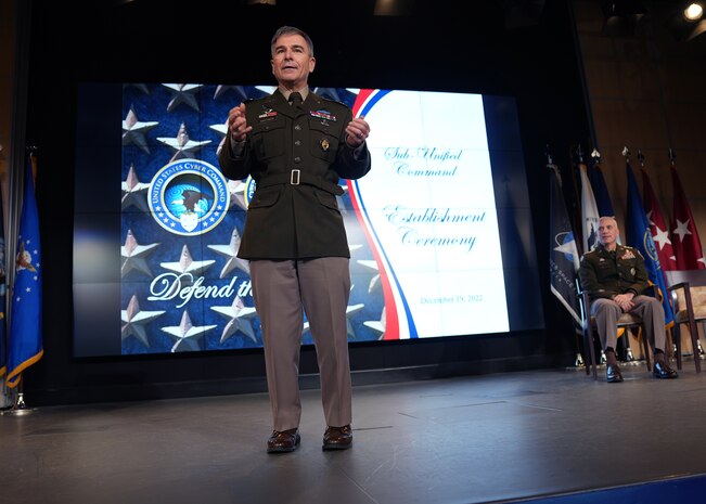 The Cyber National Mission Force officially became the Department of Defense’s newest subordinate unified command during a ceremony at U.S. Cyber Command Headquarters, Ft. George E. Meade, Maryland, Dec. 19, 2022