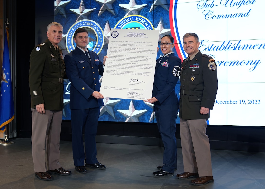 The Cyber National Mission Force officially became the Department of Defense’s newest subordinate unified command during a ceremony at U.S. Cyber Command Headquarters, Ft. George E. Meade, Maryland, Dec. 19, 2022